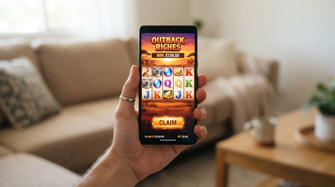 A hand holding a smartphone in landscape orientation displaying a pokies game with a “Claim Spins” button prominent on screen