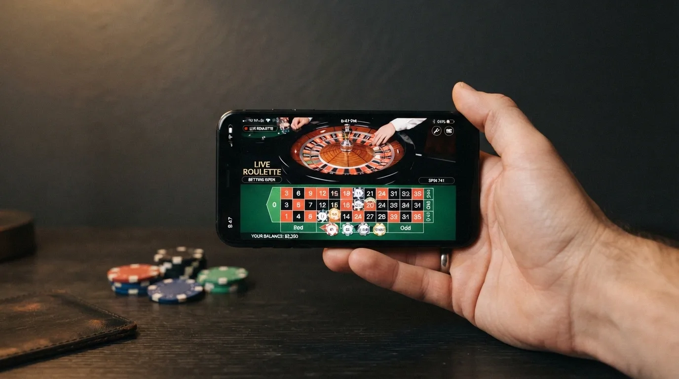 A smartphone held in landscape orientation showing a live roulette stream with the betting interface, a chip stack visible at the bottom of the screen