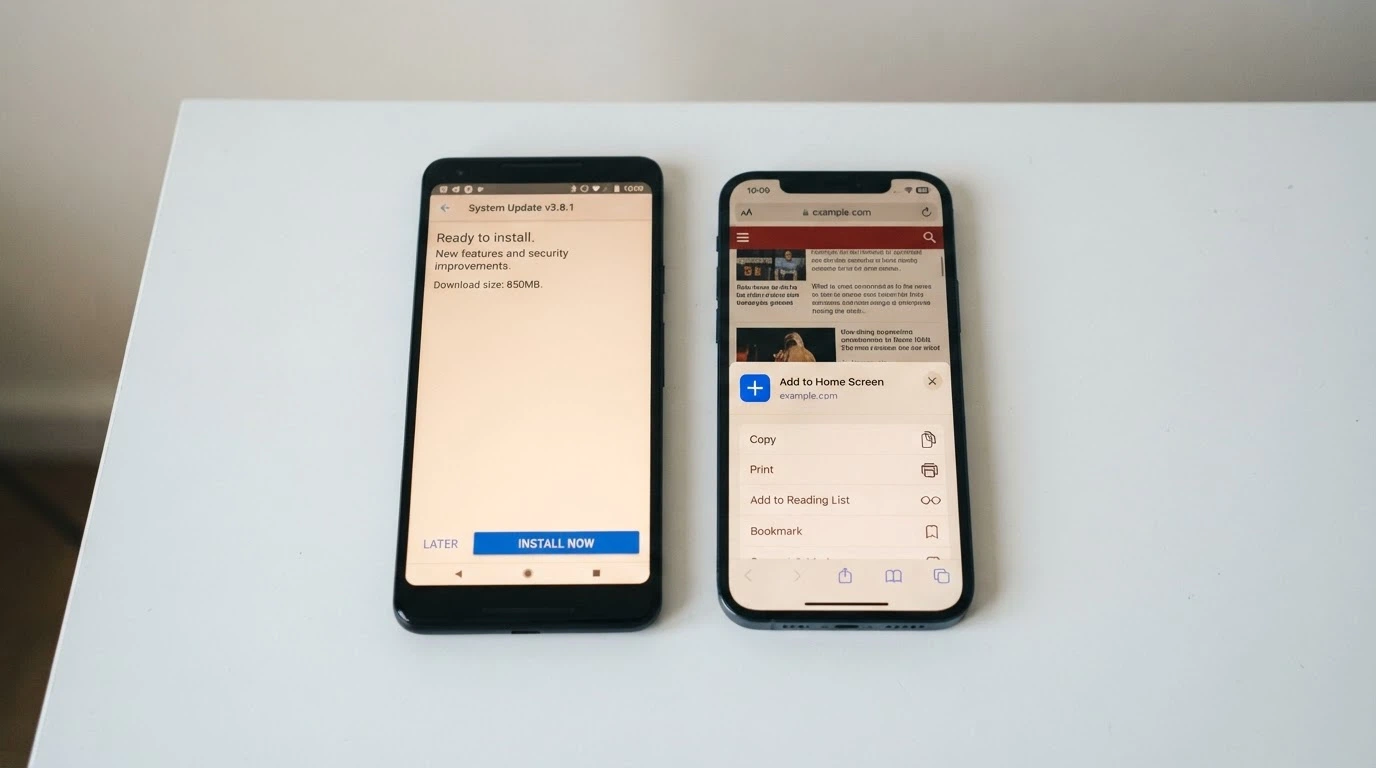 Two smartphones side by side — one Android showing an APK install prompt, one iPhone showing a Safari web-app shortcut being added to the home screen