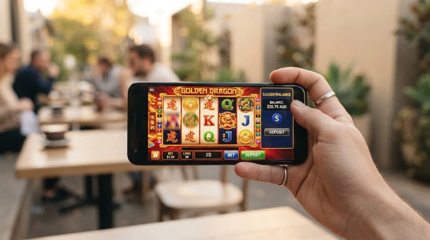 An Australian player's hand holding a smartphone in landscape orientation with a pokies game on screen, the cashier showing a $20 balance