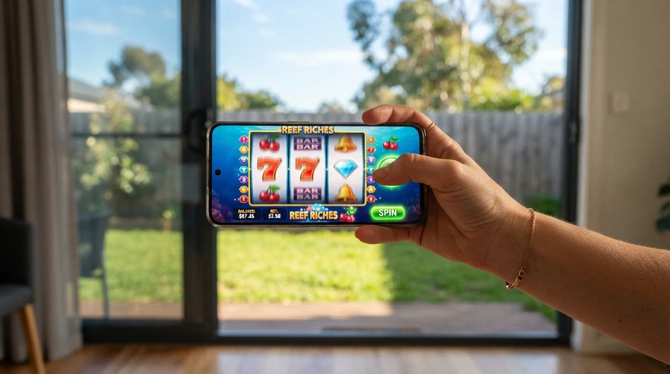 A person's hand holding a smartphone in landscape mode showing a spinning pokie reel, with an Australian backyard visible in the background