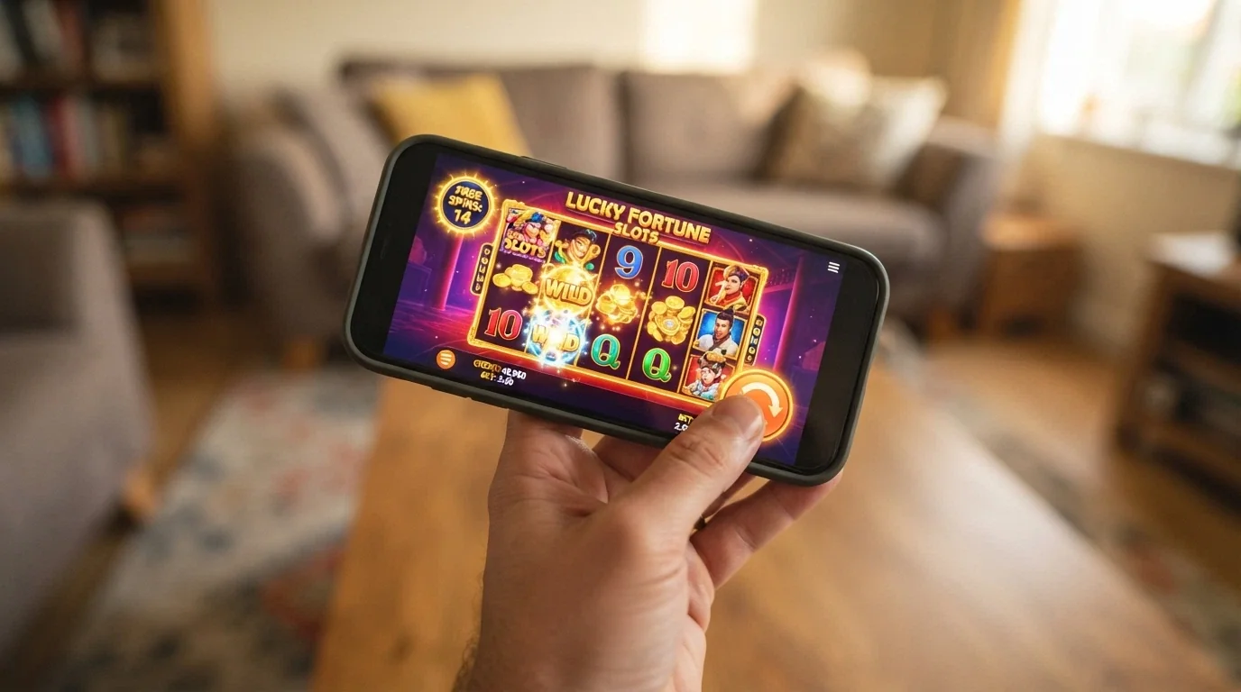 A hand holding a smartphone in landscape orientation with a pokie game running, the spin button under the thumb and a bonus-counter badge visible in the corner