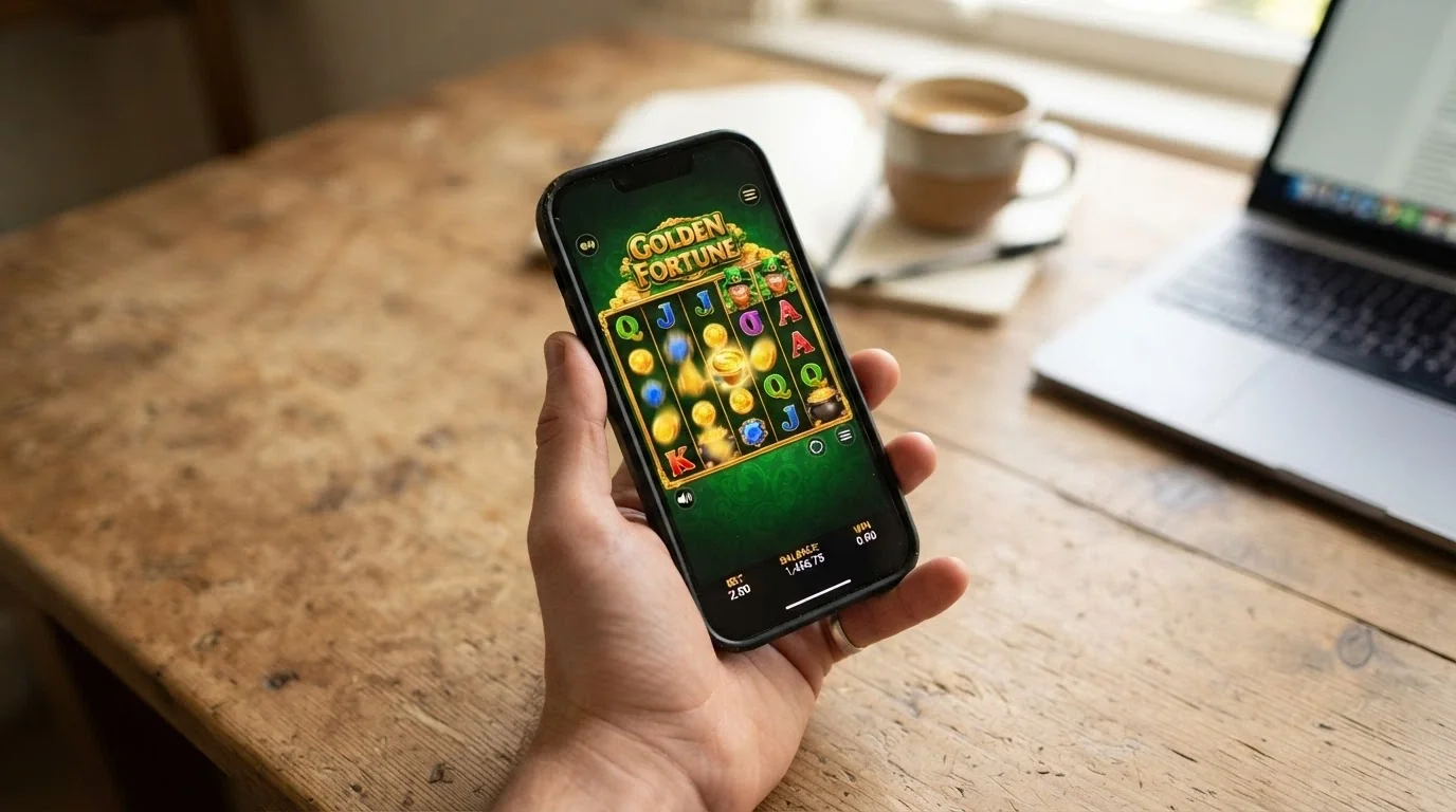 A hand holding a smartphone in portrait orientation with an online pokie game active, a laptop visible in the blurred background