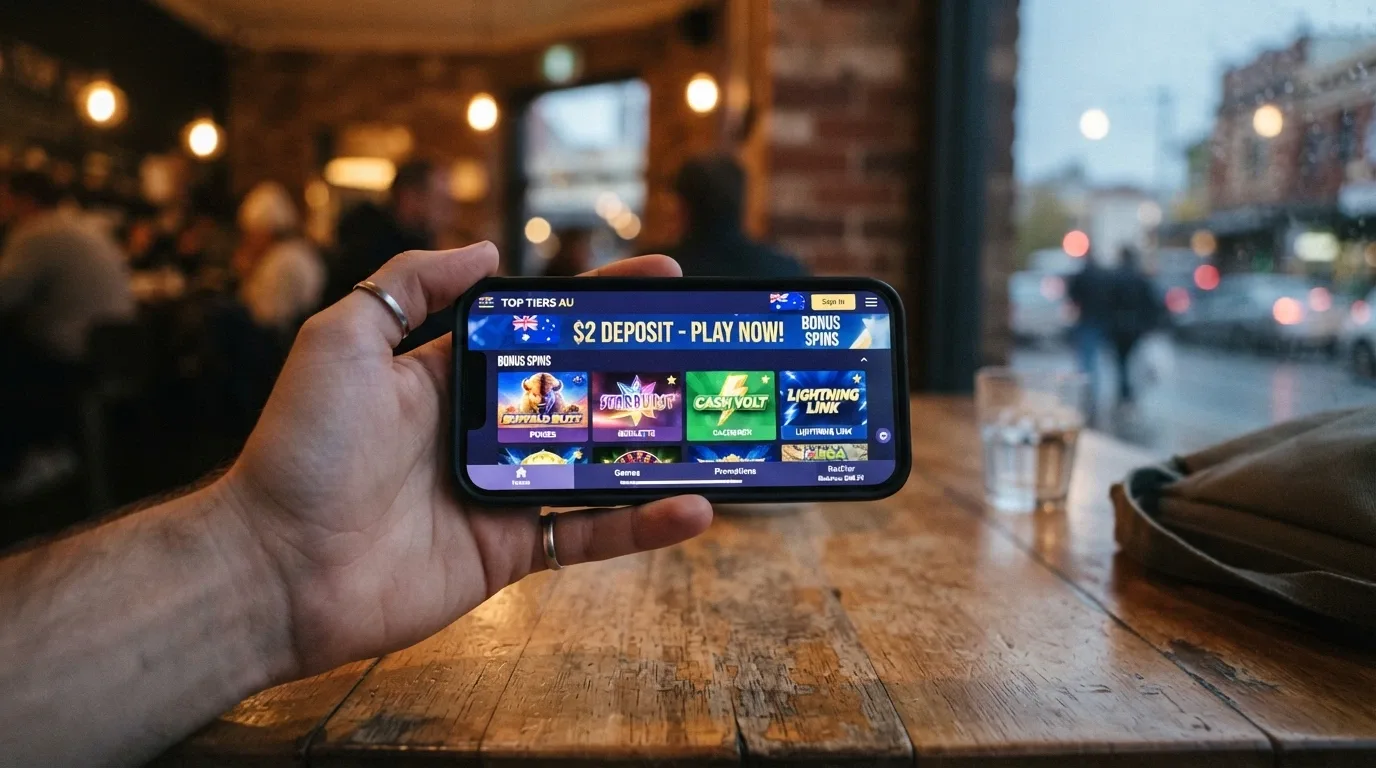 A hand holding a smartphone in landscape mode displaying a mobile casino lobby with a $2 deposit banner, with the phone against an out-of-focus café or commute background