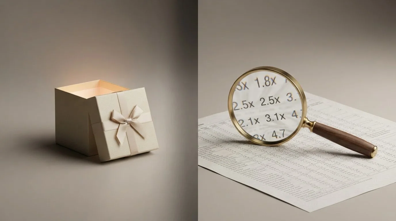 A split-screen visual: on the left a gift-wrapped box labelled “Free Spins,” on the right a magnifying glass over fine-print terms showing wagering multiples and cashout caps