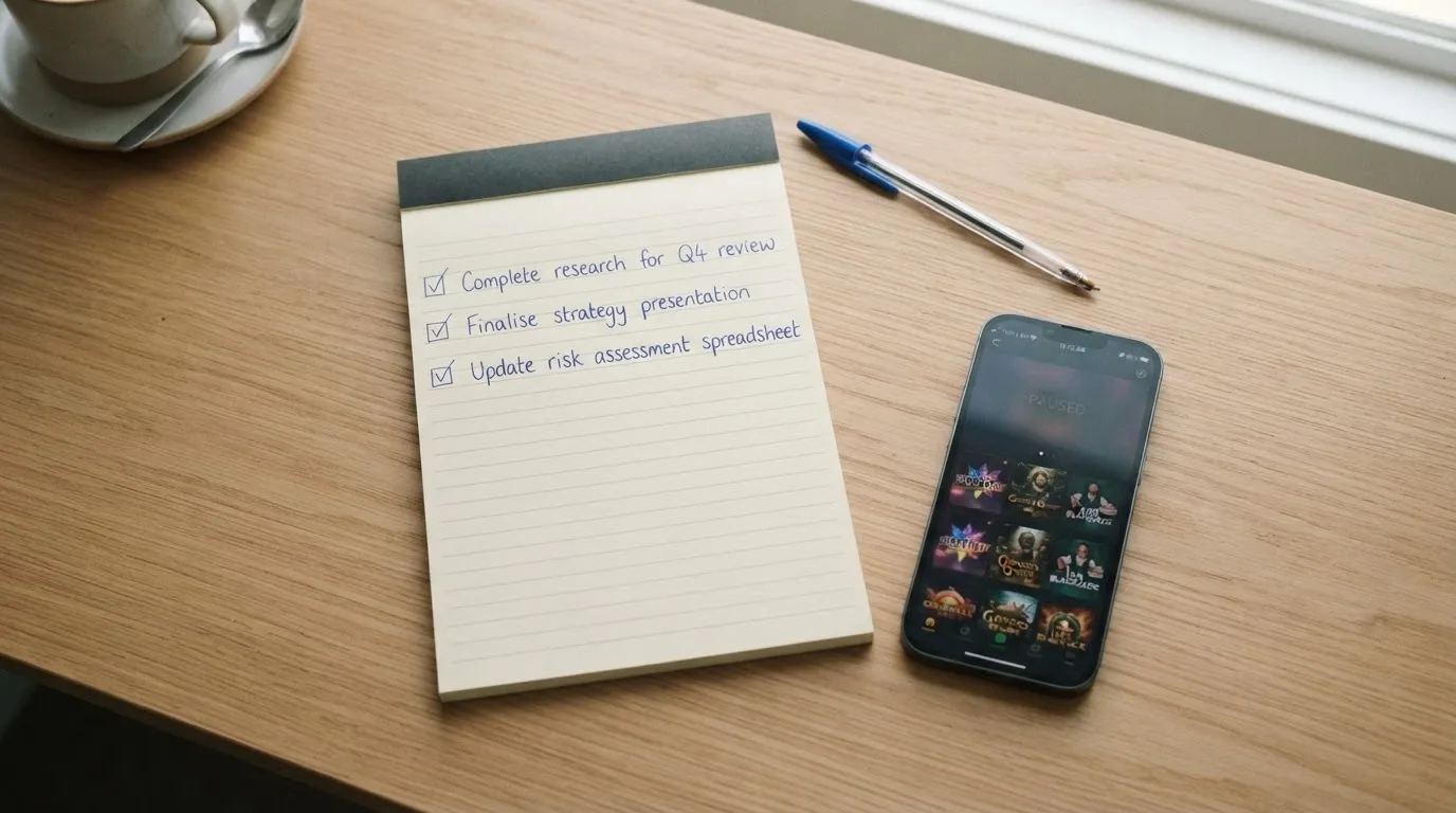 A simple three-point checklist on a notepad beside a smartphone with a casino lobby screen dimmed in the background — the checklist items are just legible icons representing wagering maths, offshore protection and a deposit stop