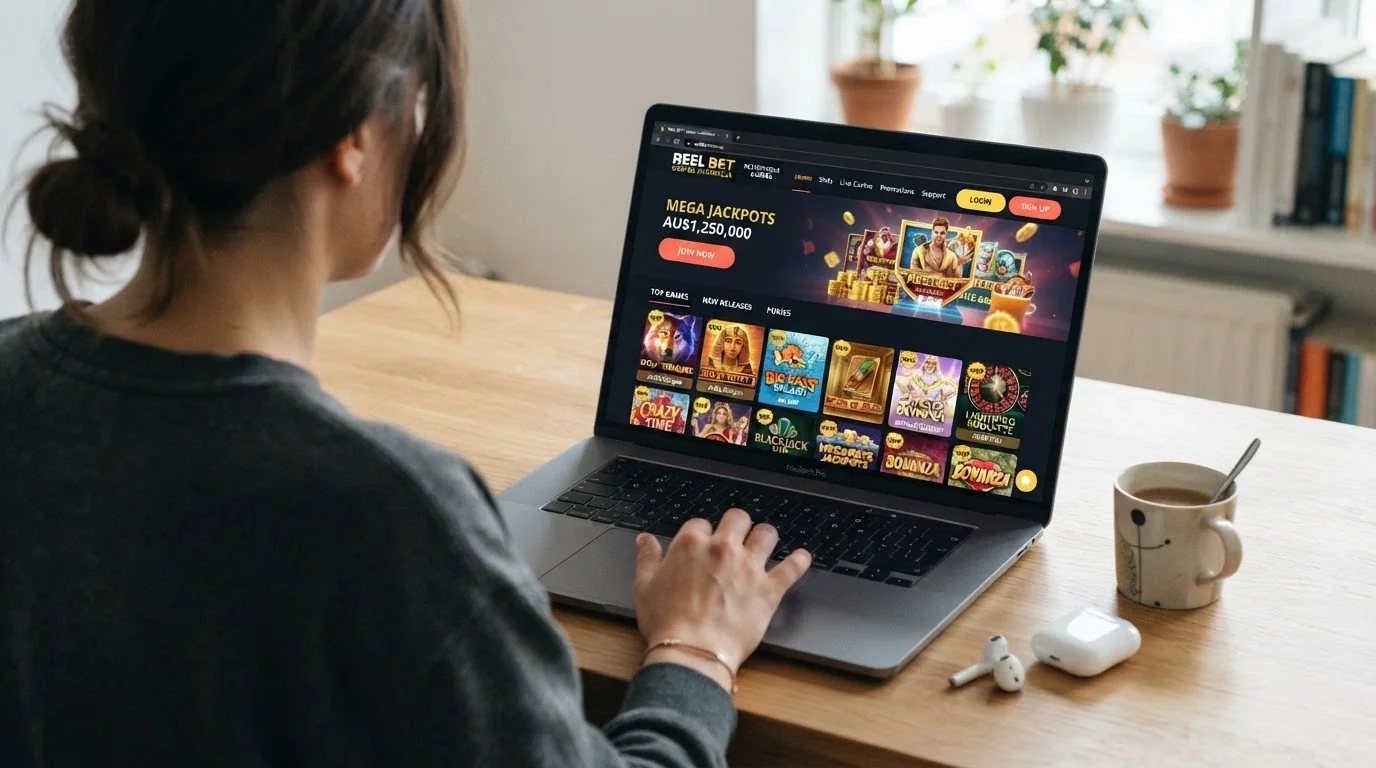 A fresh, modern casino homepage interface with a “New” badge, a sign-up button and game thumbnails visible