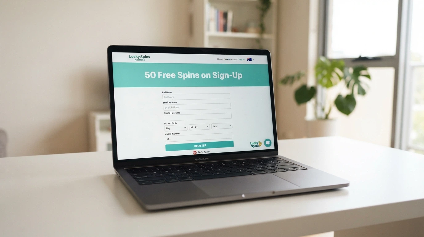 A clean, modern casino registration screen with a prominent “50 Free Spins on Sign-Up” banner and empty fields for name and email, set against a fresh brand-colour background