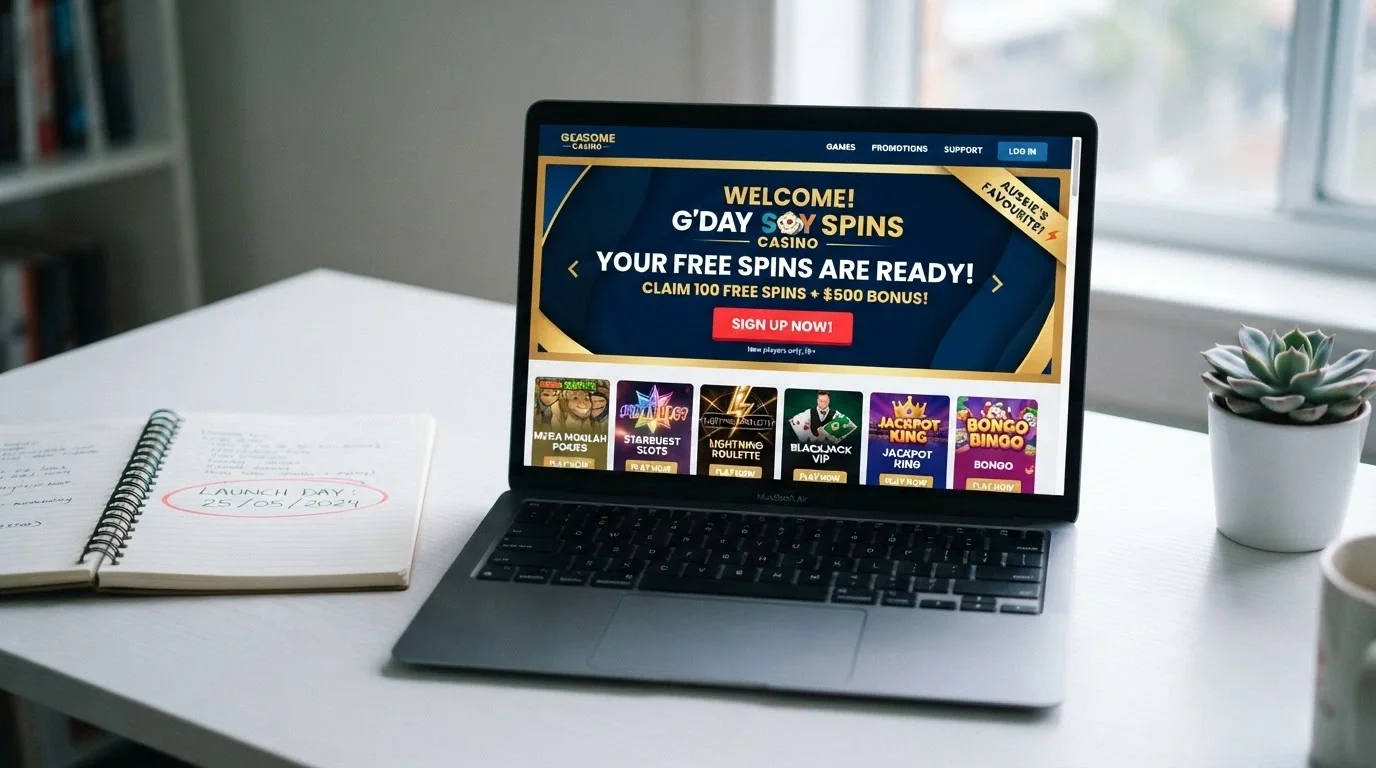 A screenshot of a new online casino welcome page advertising free spins, with a calendar showing a recent launch date beside it