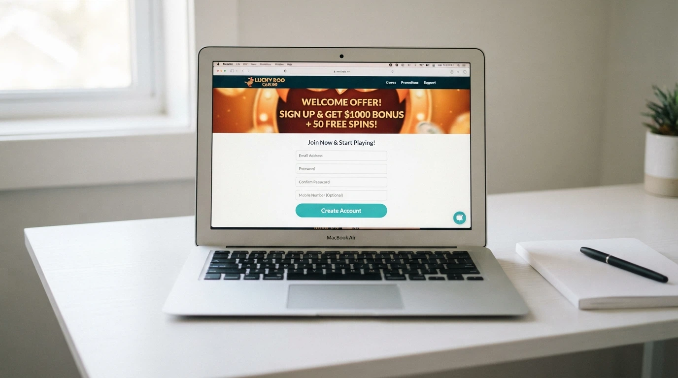 A laptop screen showing a new online casino sign-up page with a welcome offer banner and a registration form