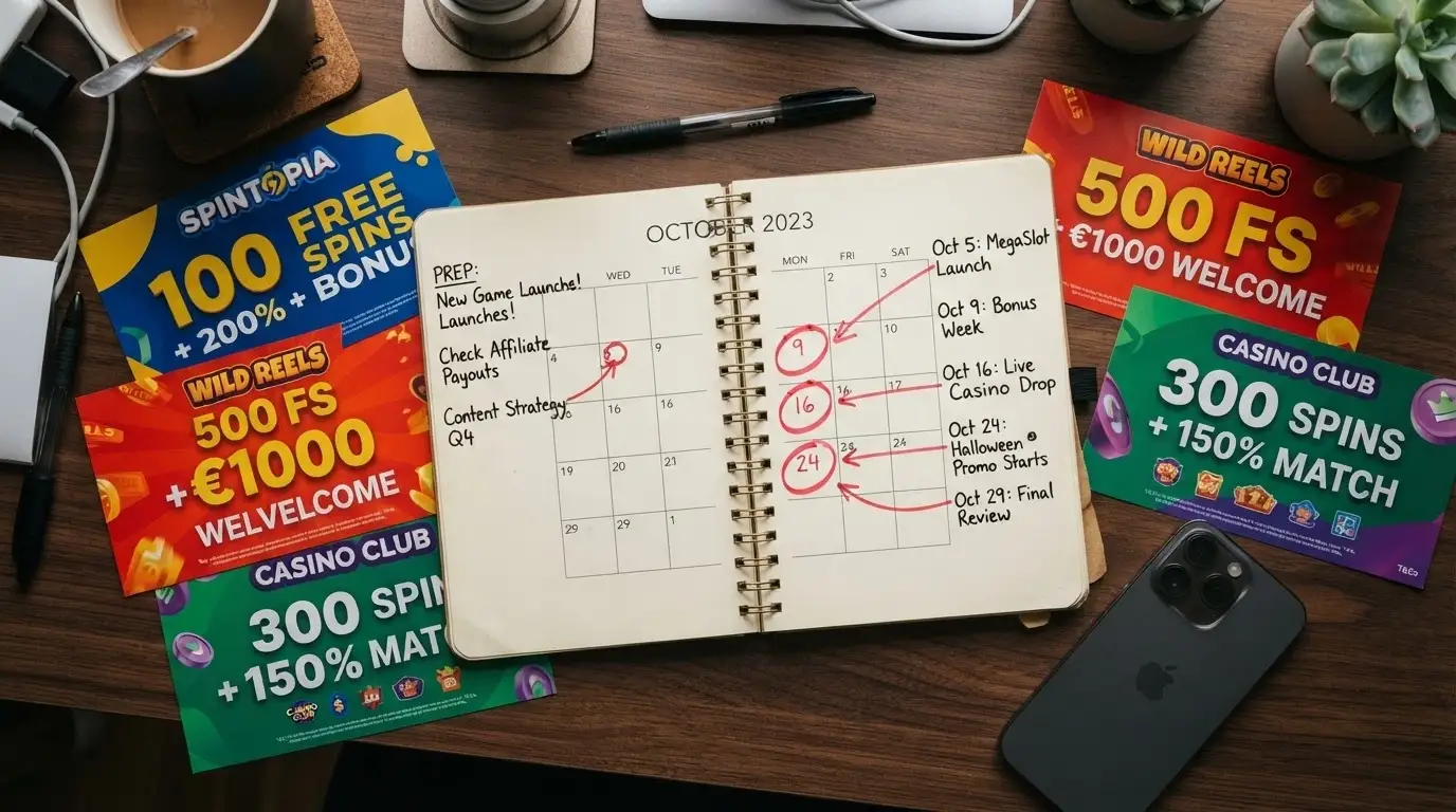 A calendar open to the current month with “new casino launch” stickers on several dates, surrounded by welcome-offer banners showing free spins and bonus amounts