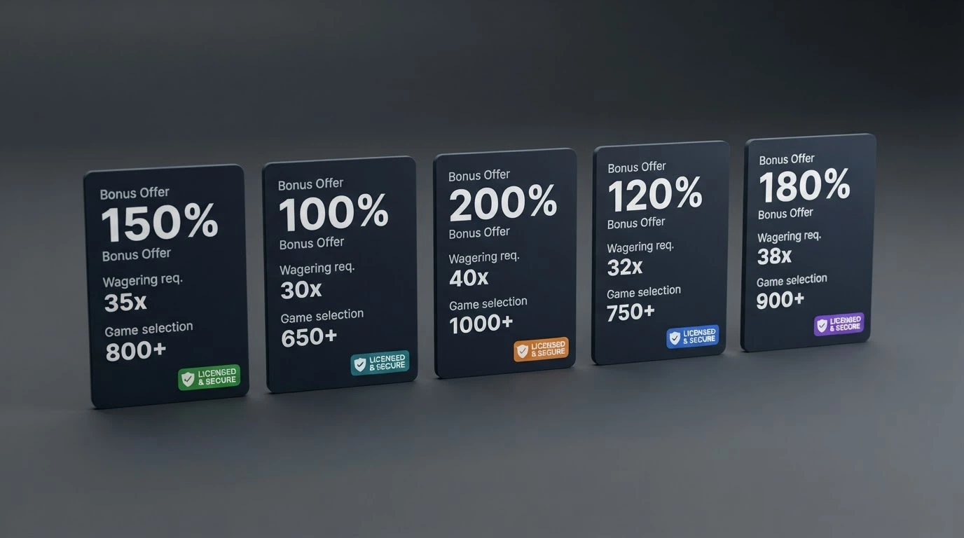 A visual comparison grid showing casino brand cards side by side with bonus values, wagering figures and game-count badges