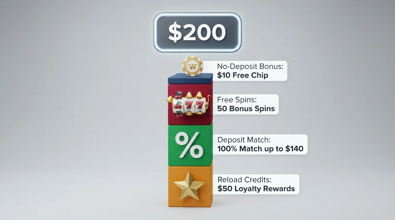 A visual breakdown splitting a $200 advertised bonus into its real components — a small no-deposit chip, free spins, a deposit match and loyalty credits