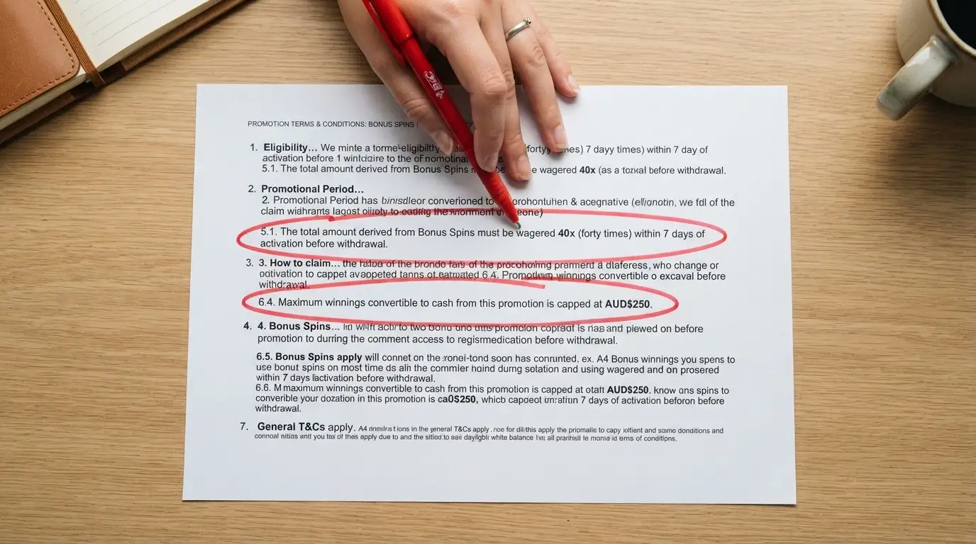A close-up of casino bonus terms and conditions text with the wagering-requirement and maximum-cashout clauses circled or highlighted