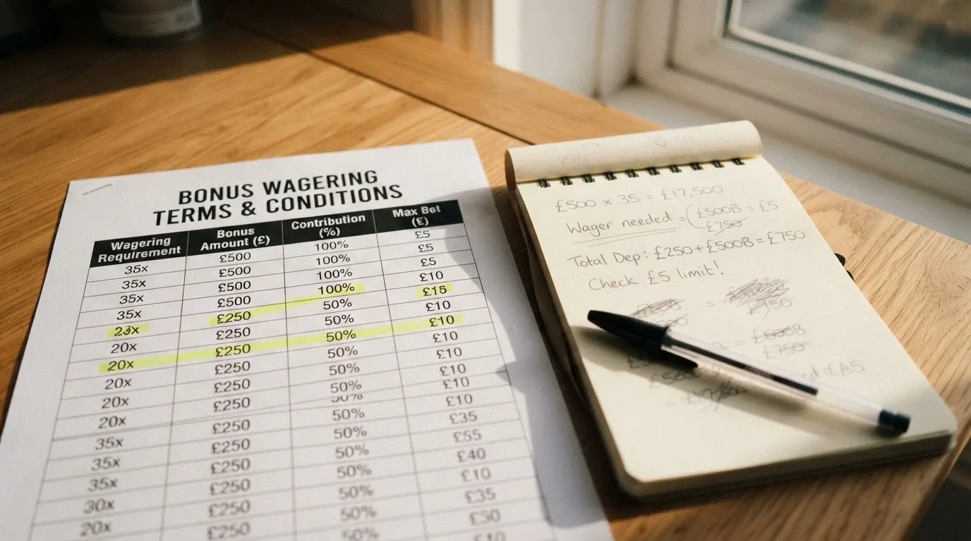 A close-up of a bonus terms panel showing wagering requirements, a cashout cap and an expiry countdown, with a calculator and a pen beside it on a desk