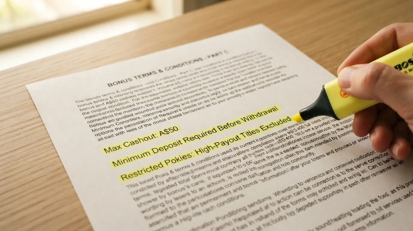 A close-up of bonus terms and conditions text with three highlighted lines: cashout cap, minimum deposit requirement, and restricted games list