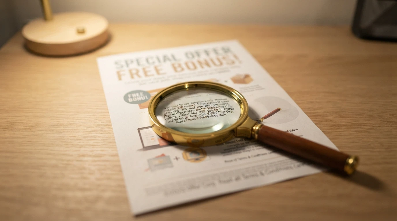 A magnifying glass over a promotional banner reading “free bonus” with the fine print underneath lit up