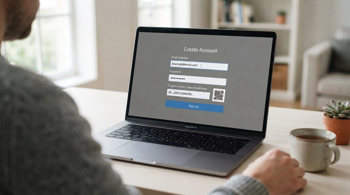 A minimalist casino registration form showing only an email field, a password field and a cryptocurrency deposit address — no identity-document upload section