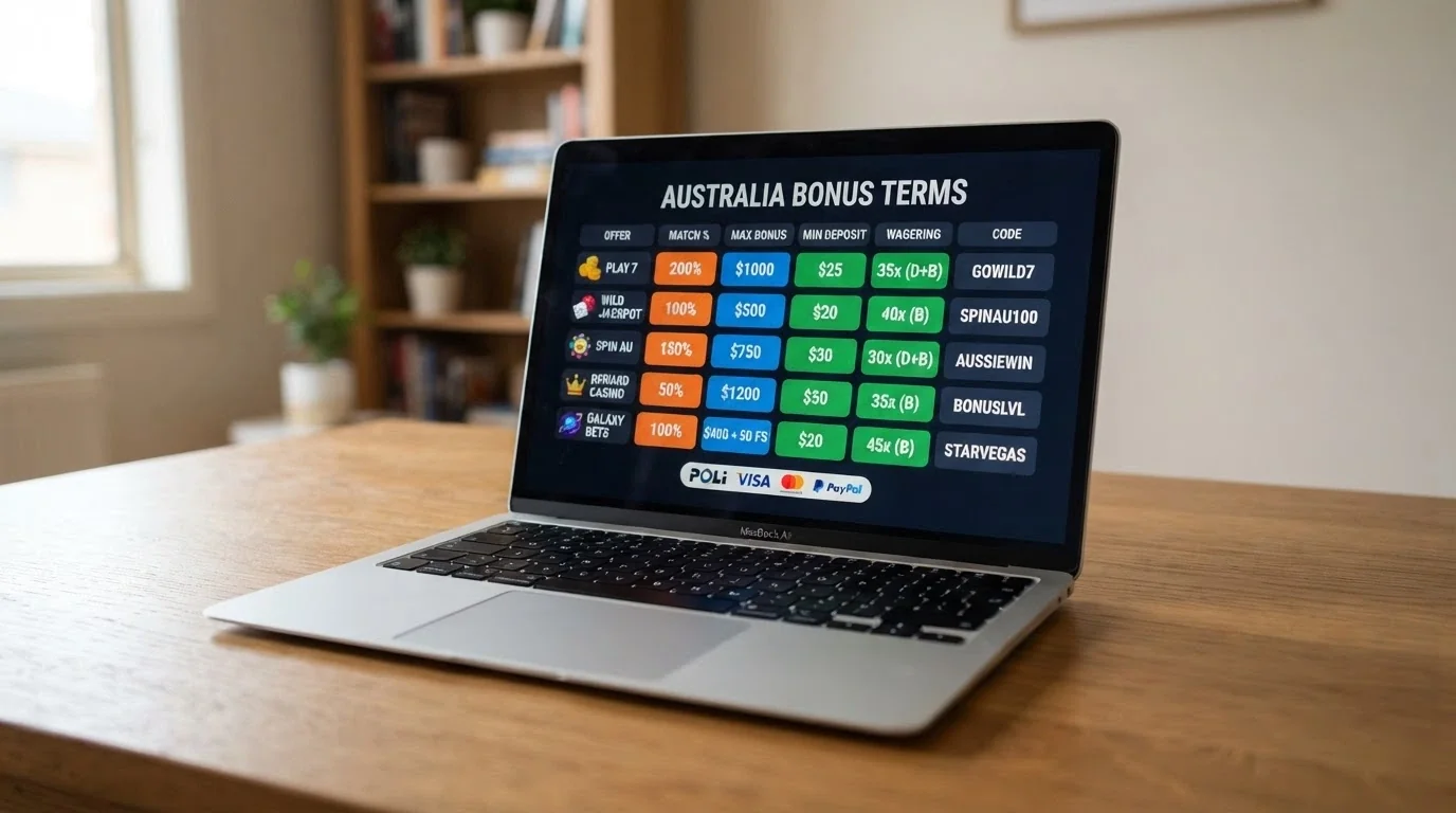 A laptop screen showing a comparison table of bitcoin casino operators with bonus amounts and wagering figures highlighted