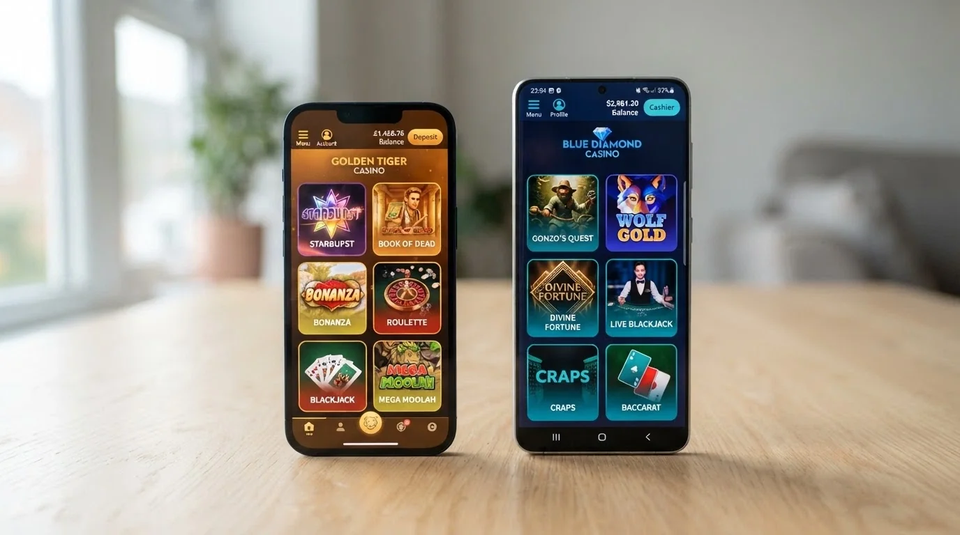 Two Android phones side by side on a table, each displaying a different casino app lobby with distinct colour schemes and game-tile layouts