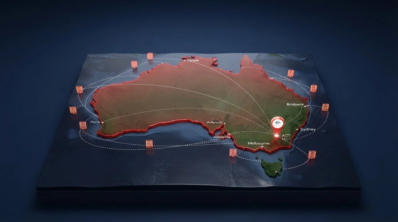 A map of Australia showing the IGA prohibition covering the entire country, with offshore casino servers marked outside Australian jurisdiction and arrows crossing the border