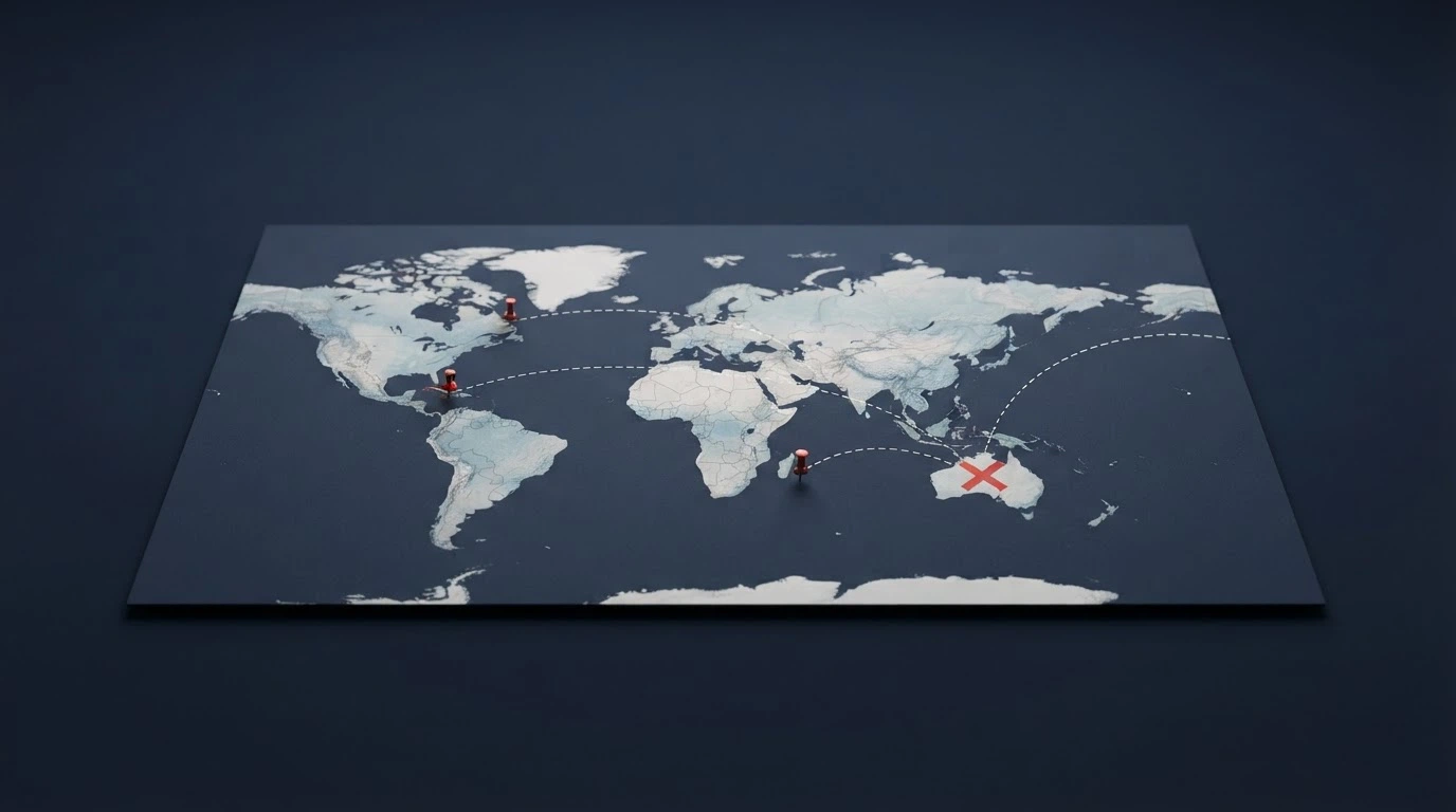 A world map with pushpins on Curacao, Anjouan and Kahnawake, and a red cross over Australia, connected by dashed lines representing player traffic