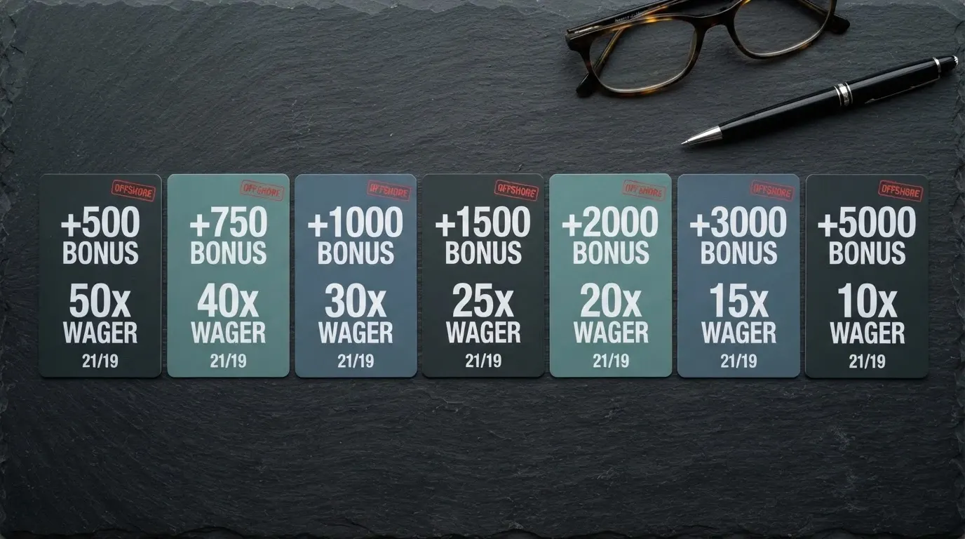 A side-by-side layout of casino brand cards showing bonus figures and wagering multipliers, with a clear offshore-status label visible on each card