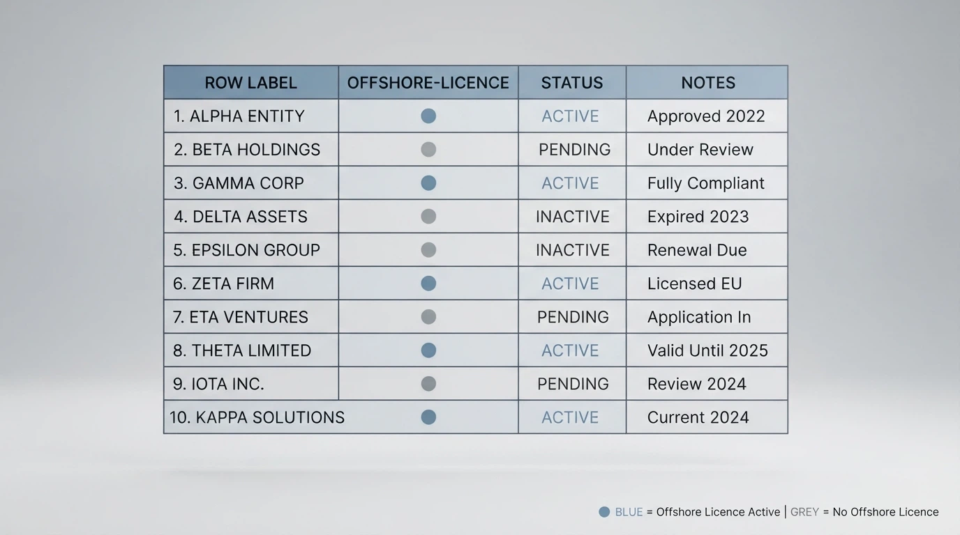 A clean comparison-table visual with operator names down the left column and offshore-licence markers beside each row