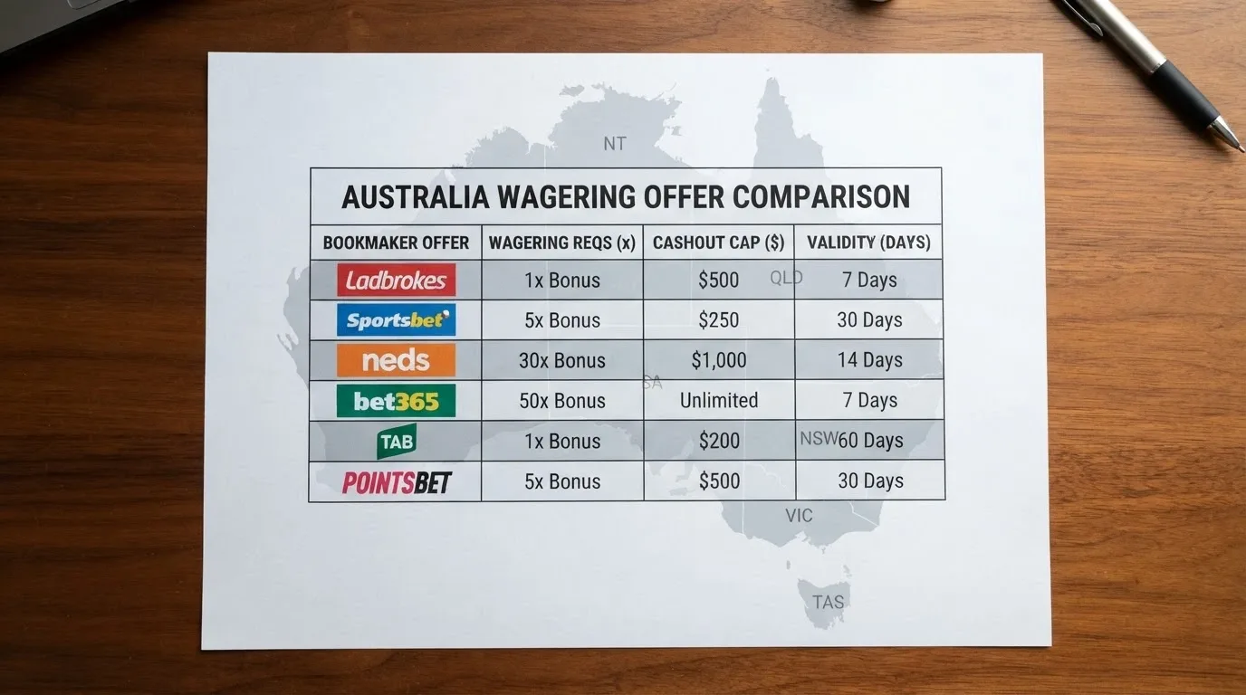A ranked comparison table of casino bonus offers with wagering, cashout cap and expiry columns visible, overlaid on a muted Australian map