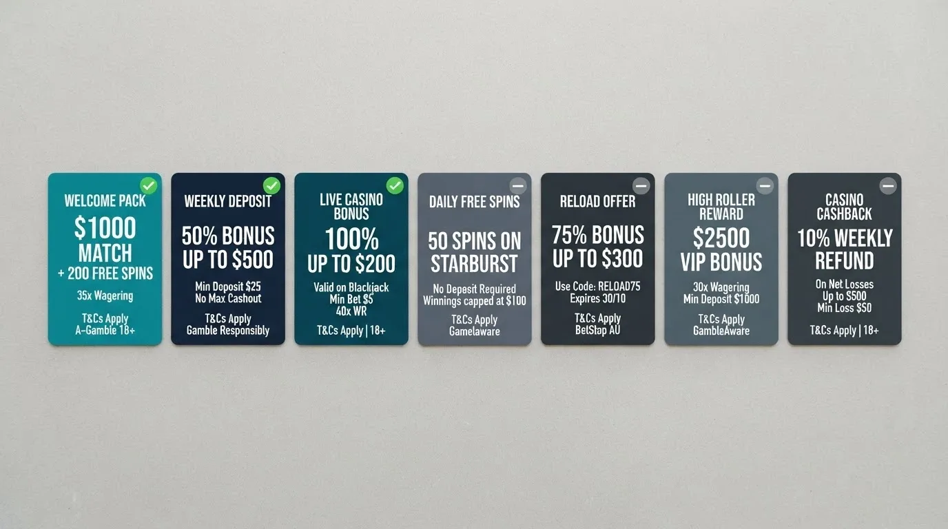 A visual spread of casino bonus offer cards arranged side by side, some marked with a green tick and others with a grey dash