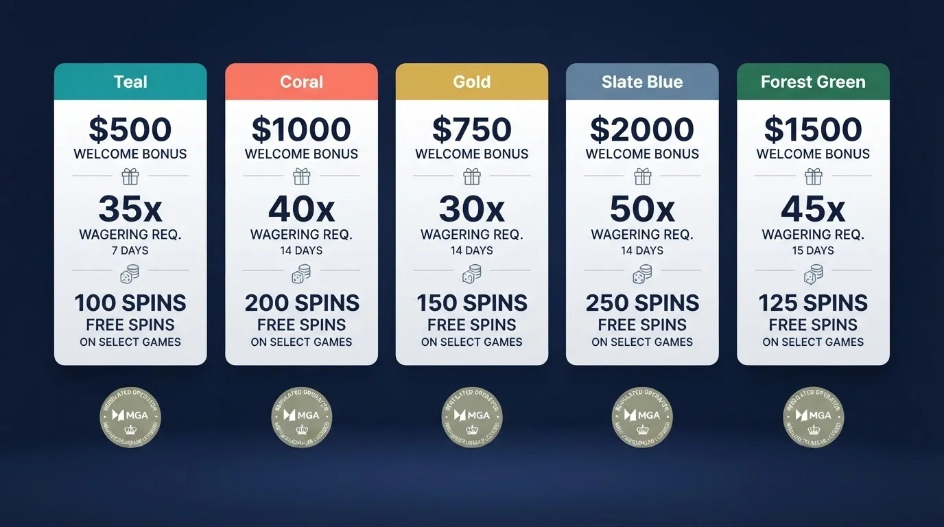 A side-by-side grid of casino welcome-offer banners showing different bonus amounts, wagering multiples and free-spin counts, with the Curaçao eGaming logo repeated beneath each one.