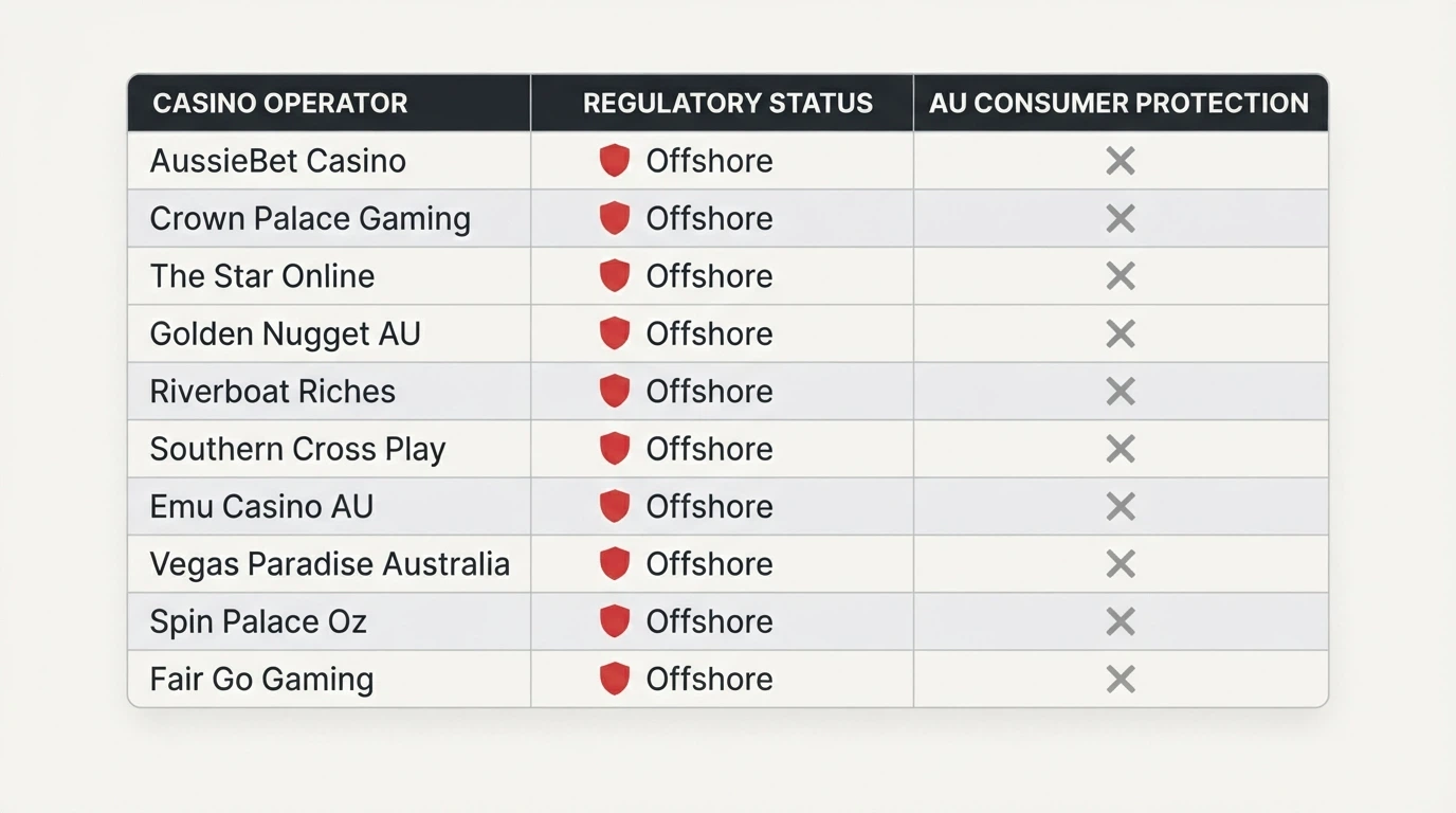 A table listing featured offshore casinos alongside their legal status and BetStop coverage — all marked as not holding an Australian licence