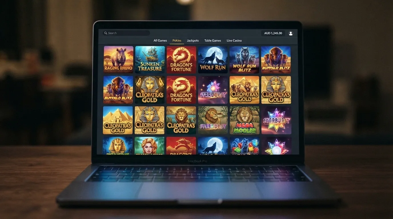 A casino website game lobby screen showing a grid of Aristocrat pokie thumbnails with an AU-dollar balance displayed