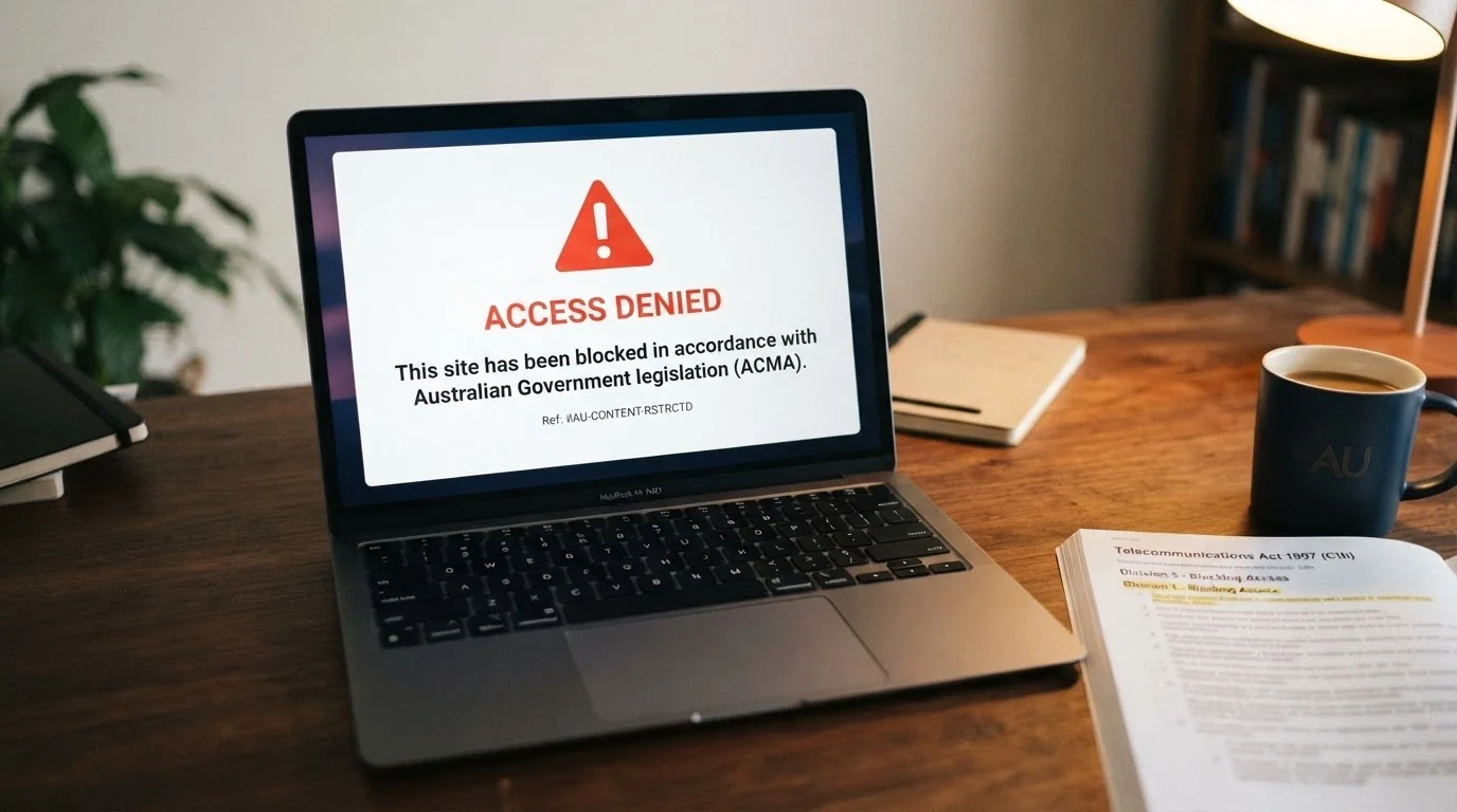 A document marked “Interactive Gambling Act 2001” on a desk beside a screen showing a blocked-site notice