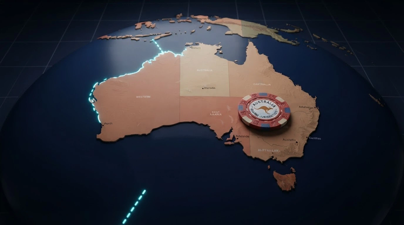 A map of Australia with a dashed line extending offshore, a casino chip on the far side of the line