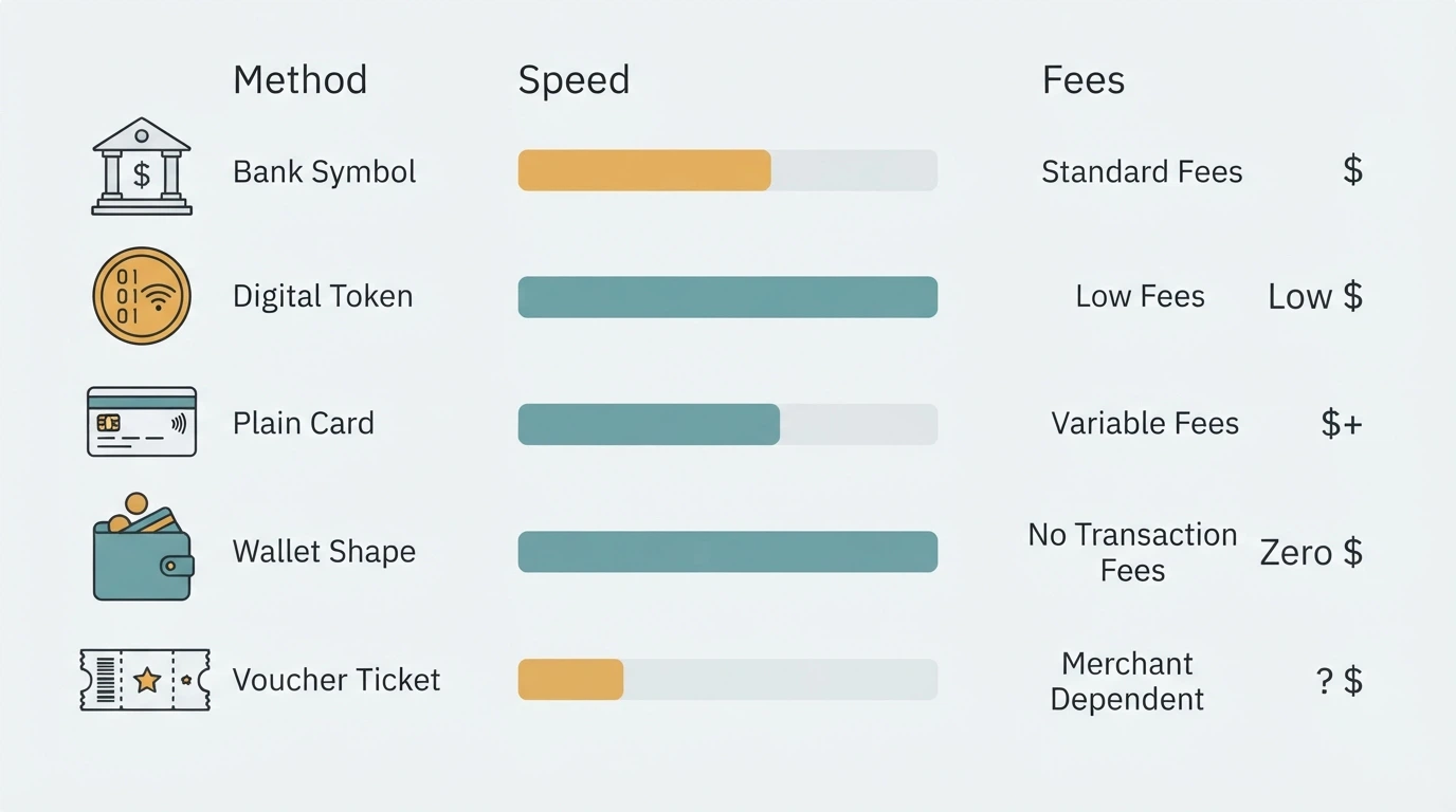 A comparison-table visual showing operator names beside payment-method icons (PayID, Bitcoin, Visa, PayPal, Skrill) with speed ratings beneath each