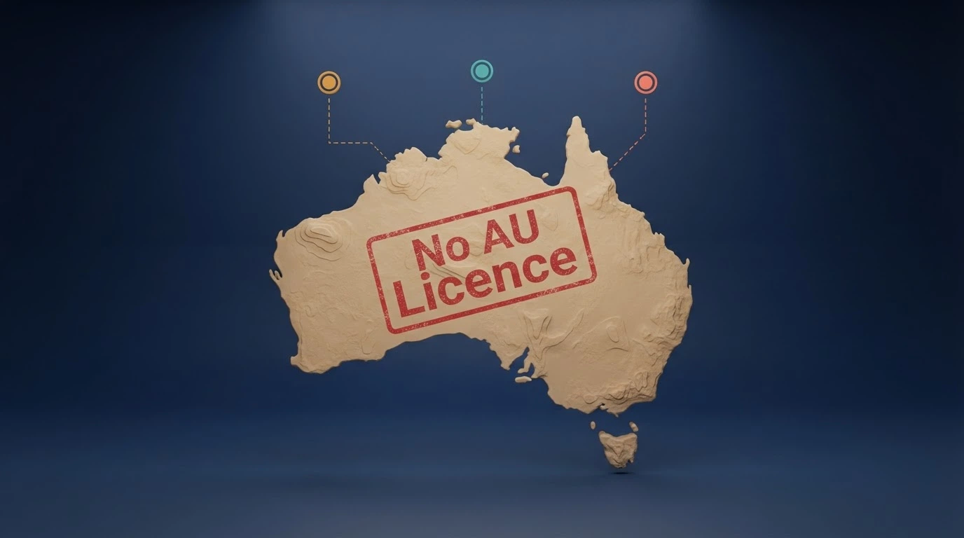 A stylised map of Australia with offshore jurisdiction markers — Curaçao, Kahnawake, Malta — connected by dashed lines to a “No AU Licence” stamp over the continent