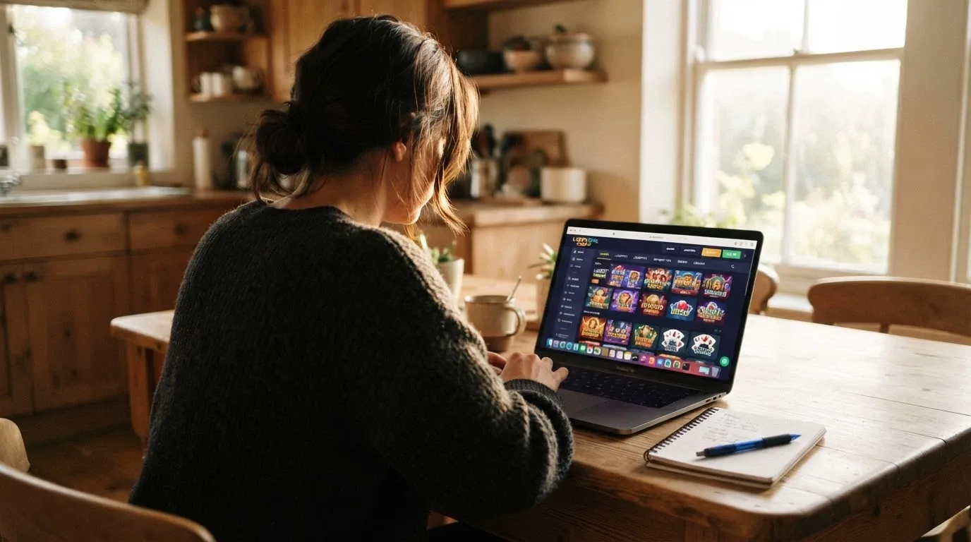 An AU consumer looking at a laptop with a casino page visible, a notepad with handwritten pros-and-cons lists beside the keyboard
