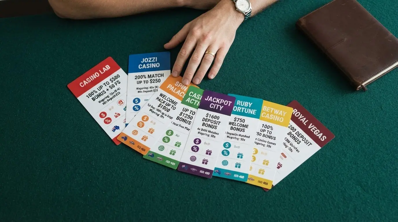 A side-by-side grid of casino welcome-offer cards showing different bonus percentages, wagering figures and crypto logos