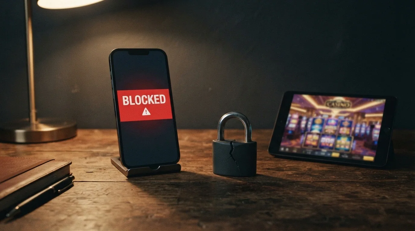 A smartphone displaying an ACMA enforcement notice beside a casino lobby screen, with a padlock icon shown as broken