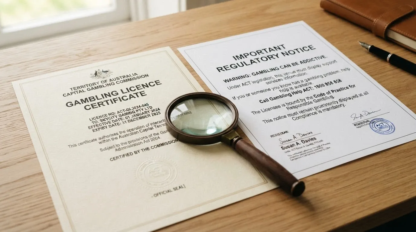 A close-up of a Curaçao gaming licence document beside an Australian regulatory warning notice, with a magnifying glass highlighting the jurisdiction name