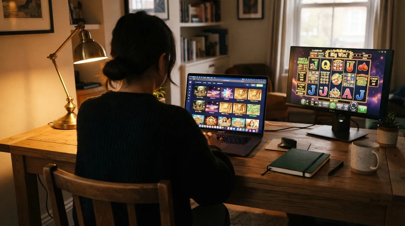 A split-screen showing the homepages of two AU-facing offshore casinos side by side, with their welcome-bonus banners and game-library counts visible