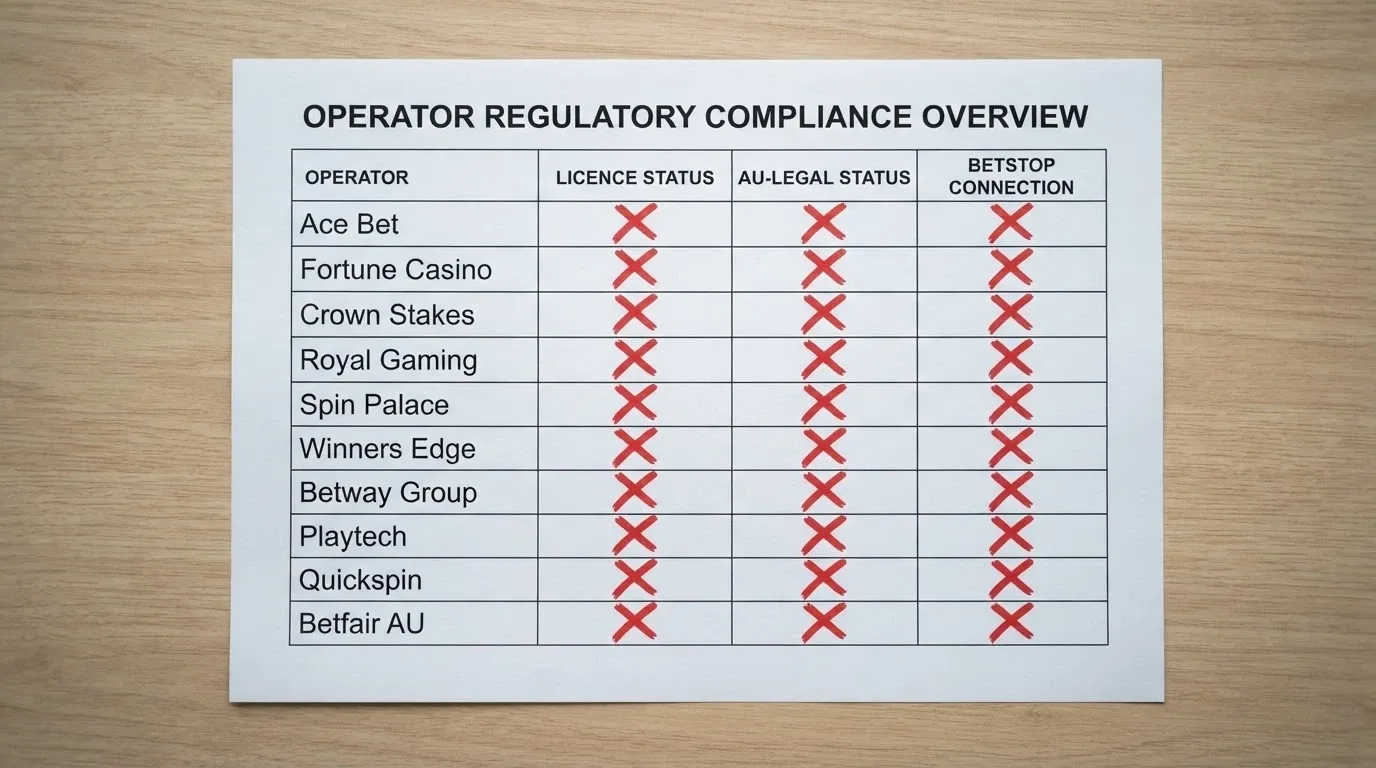 A comparison chart or grid with operator names down the left and columns for licence, AU-legal status and BetStop connection, all marked with the same red cross