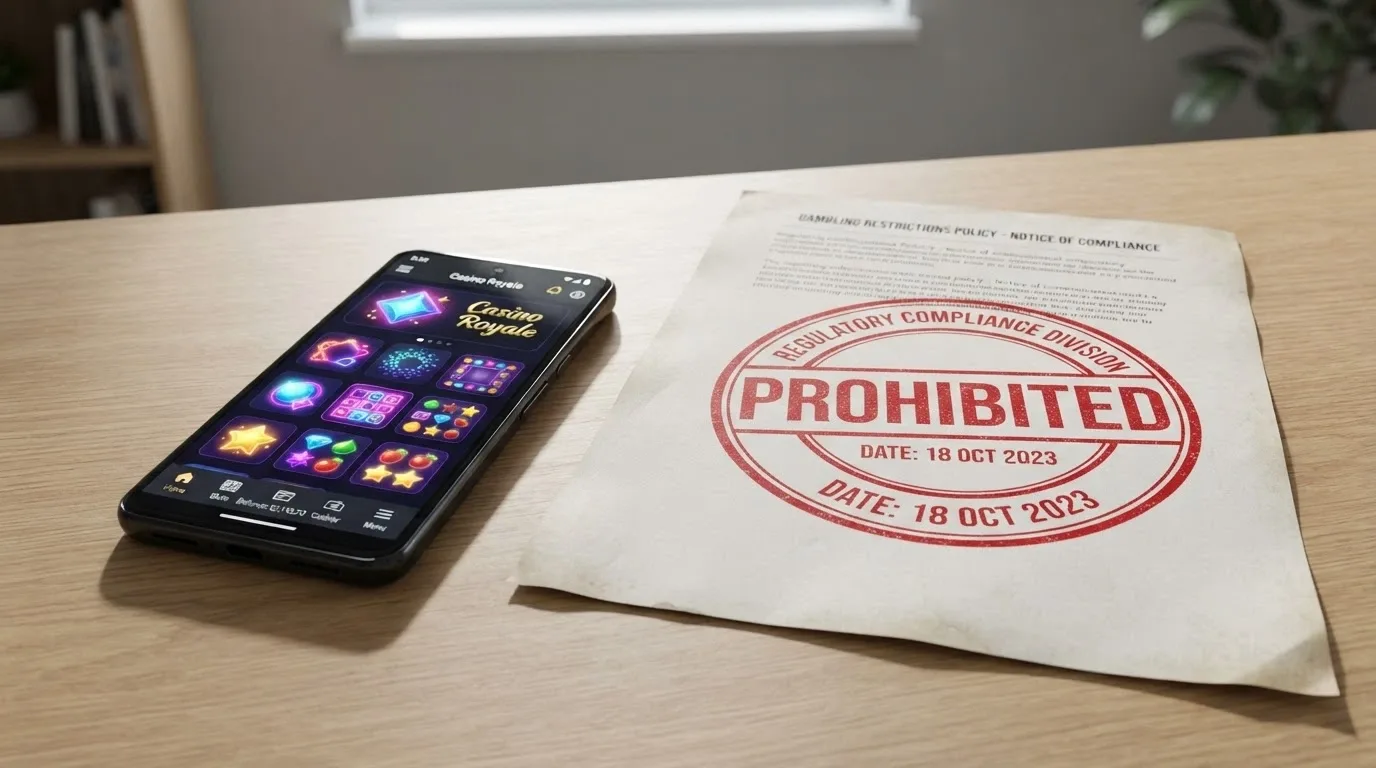 A smartphone on a desk next to an official-looking document stamped with a red “prohibited” marker, the phone screen showing a pokies app lobby
