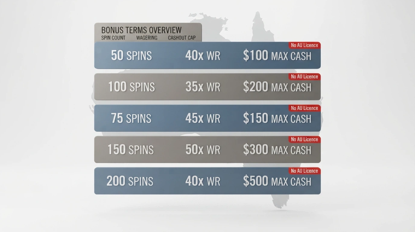 A grid or comparison layout showing operator names alongside key terms — spin count, wagering multiplier, cashout cap — with “No AU Licence” flagged on every row
