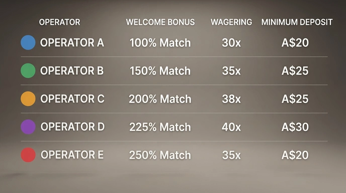 A side-by-side comparison table of $20 minimum deposit pokies sites showing bonus match percentages, wagering multipliers and minimum deposit figures