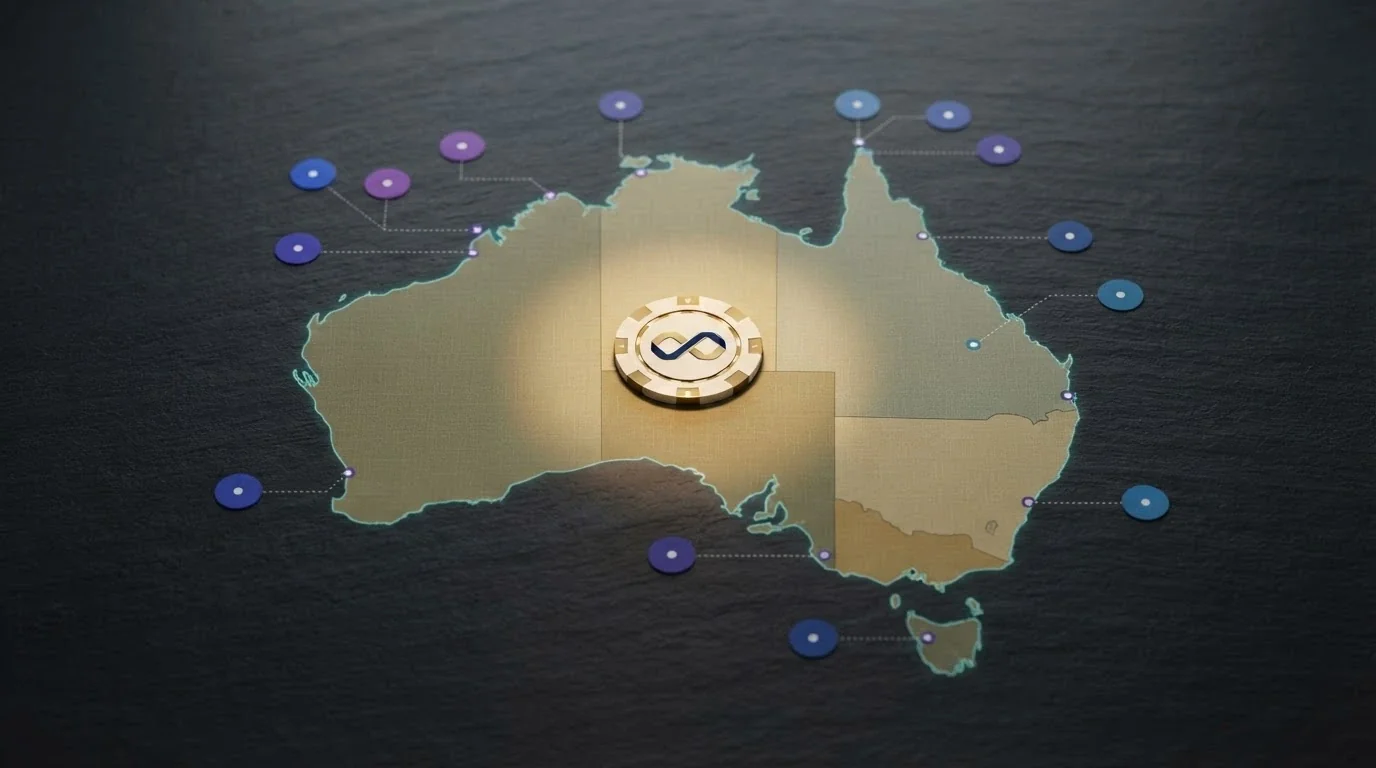 A map-style visual with ten casino brand markers arranged around a central Solana coin, all positioned outside an Australian border outline