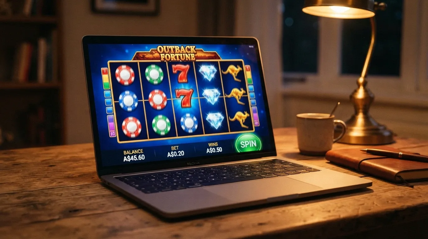 A digital pokies screen showing five reels with Australian-themed symbols and a $0.20 stake amount displayed