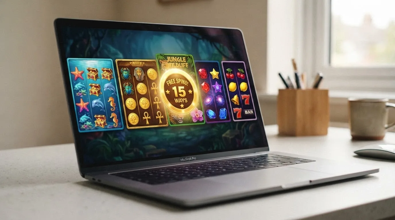 A row of colourful online pokie game icons with a prominent free-spins badge overlaid