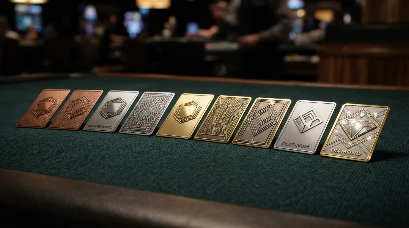 A row of ten casino-branded cards laid out on a felt table, each showing a different tier badge